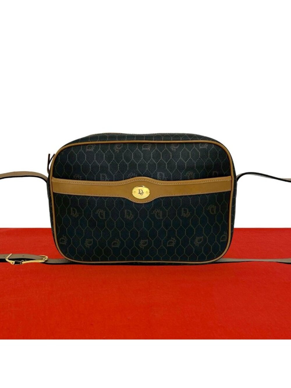 Dior Vintage Honeycomb Pattern Logo Leather Mini Shoulder Bag Gray Brown